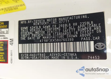 2011 Toyota Camry Le из США, поврежденный, VIN 4T1BF3EK5BU760399